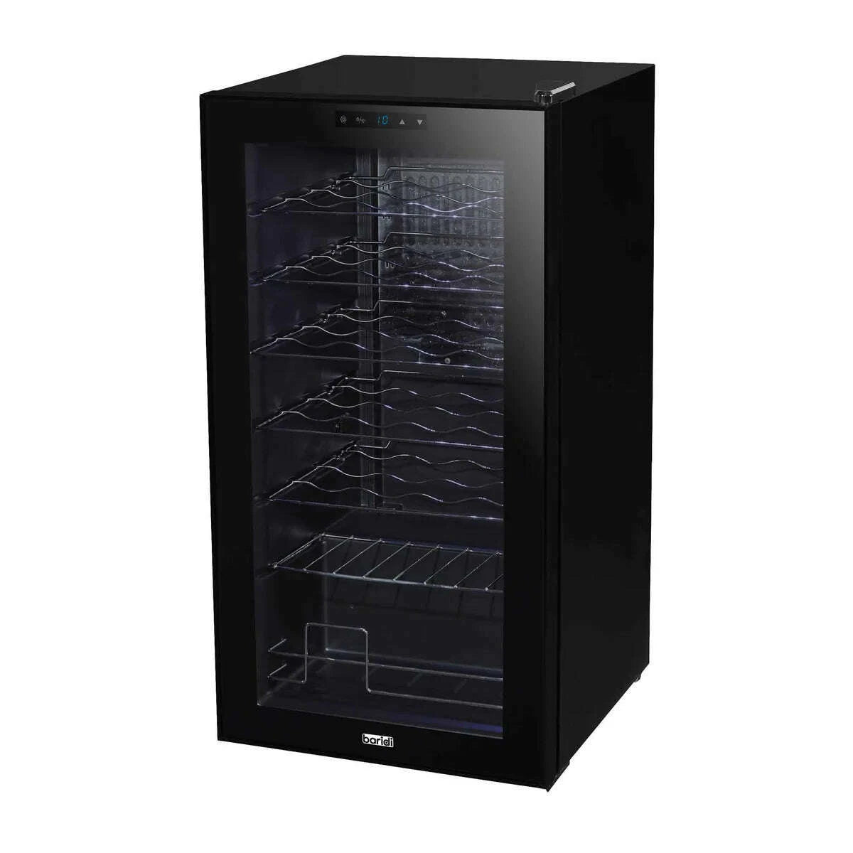 Black Baridi wine cooler with glass door, digital controls, and LED light, holds 28 bottles.