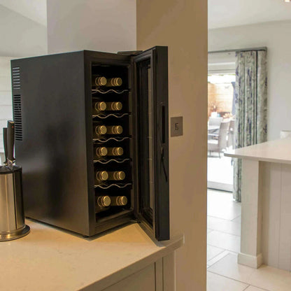 Black Baridi 12-bottle wine fridge with mirror glass door and touch controls, compact design.