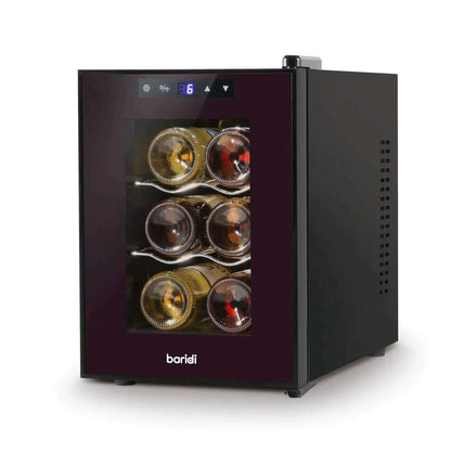 Sleek Baridi 6-bottle wine cooler with touch controls and glass door, showcasing stored wine.