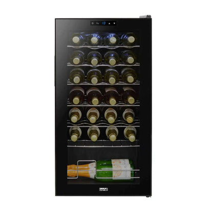 Black Baridi wine cooler with glass door, digital controls, and LED lighting, holds 28 bottles.