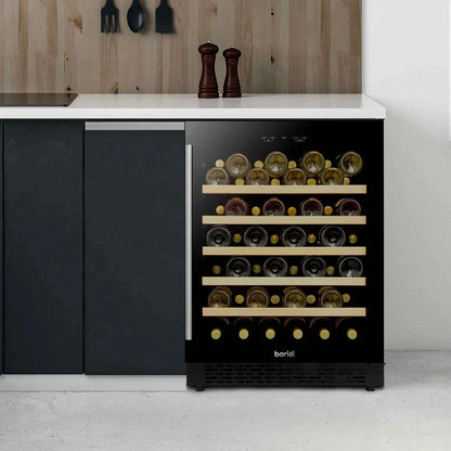 Sleek Baridi wine cooler with glass door, digital controls, fits 54 bottles under counter.