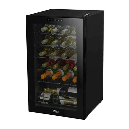 Black Baridi 24 Bottle Wine Cooler with digital controls, LED light, and sleek mirror glass door.