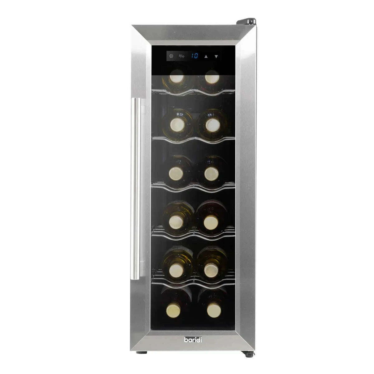 Stainless steel wine cooler with digital controls, LED light, and space for 12 bottles.