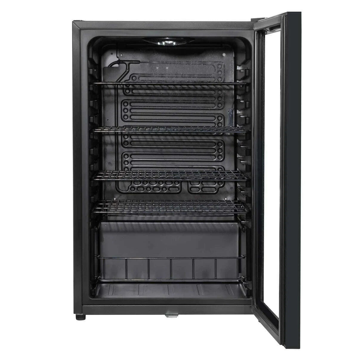 Sleek Baridi 115L black drinks fridge with LED light and spacious interior for diverse beverages.