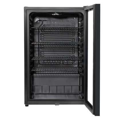 Sleek Baridi 115L black drinks fridge with LED light and spacious interior for diverse beverages.