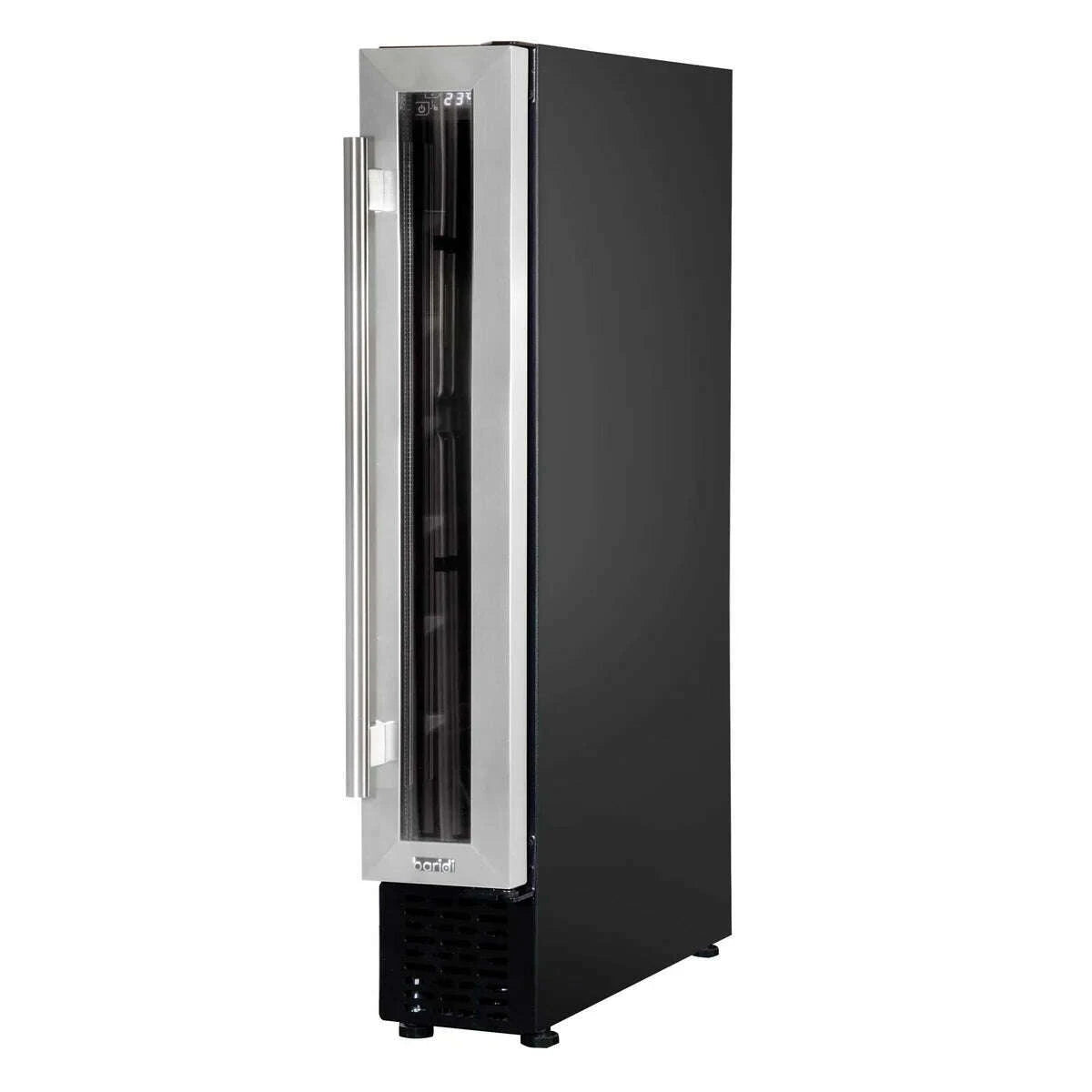 Slim stainless steel wine cooler, fits 7 bottles, digital controls, under-counter design.