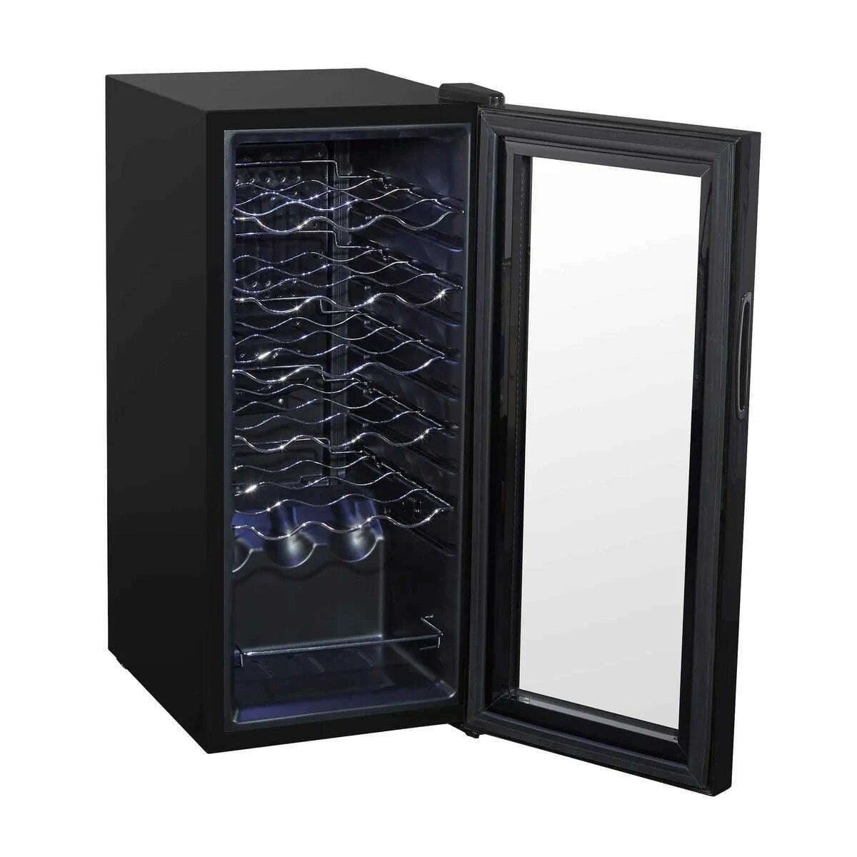 Baridi 18 Bottle Wine Cooler, black, with touch controls, LED light, and mirrored glass door.