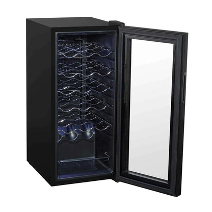 Baridi 18 Bottle Wine Cooler, black, with touch controls, LED light, and mirrored glass door.