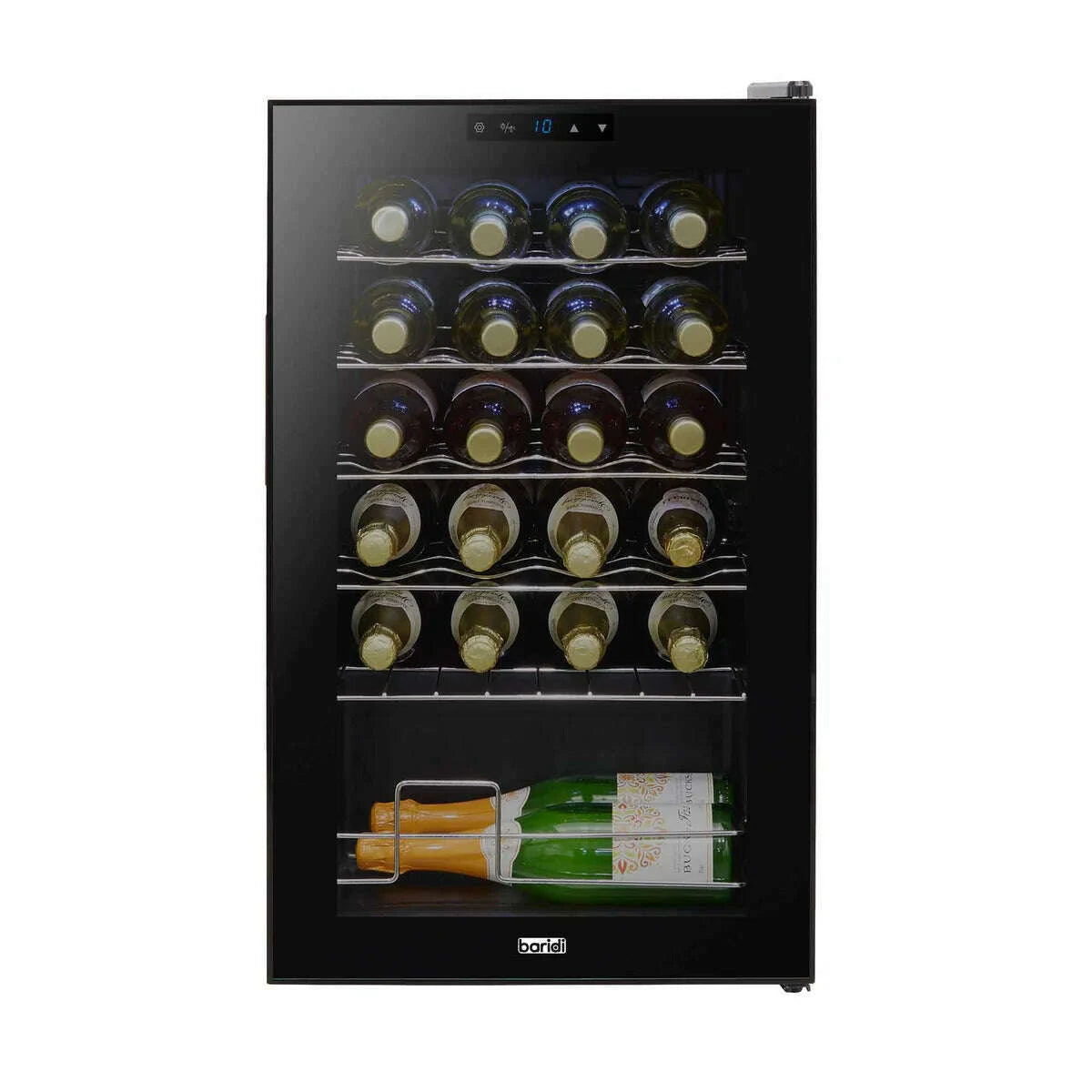 Black Baridi wine cooler with digital controls, LED light, and glass door, holds 24 bottles.