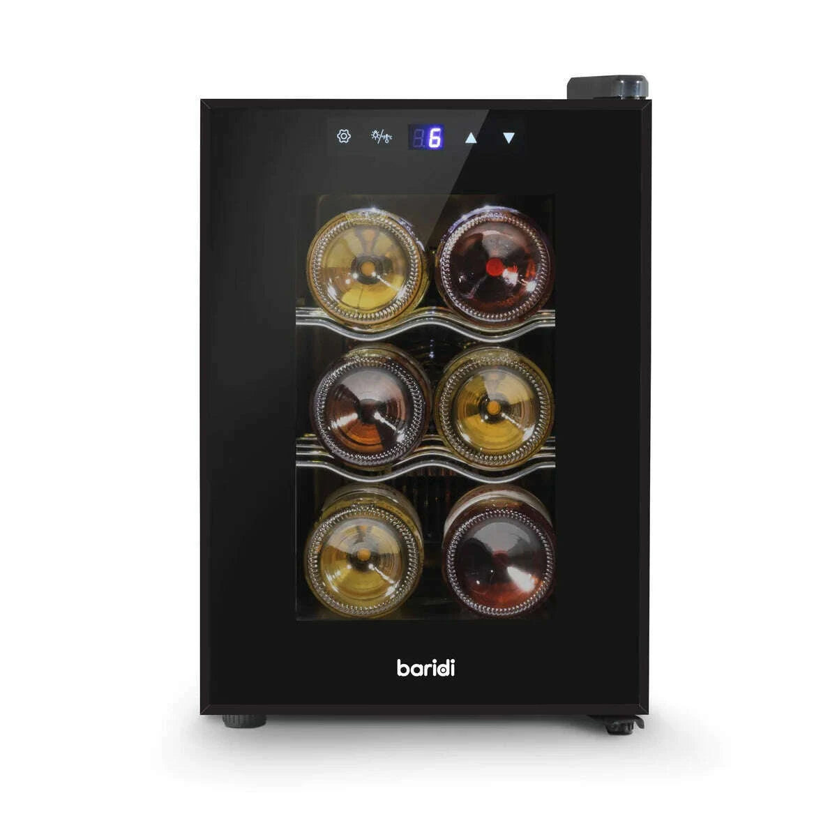 Sleek Baridi wine cooler with glass door, touch controls, holds 6 bottles, compact design.