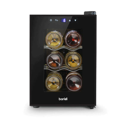 Sleek Baridi wine cooler with glass door, touch controls, holds 6 bottles, compact design.