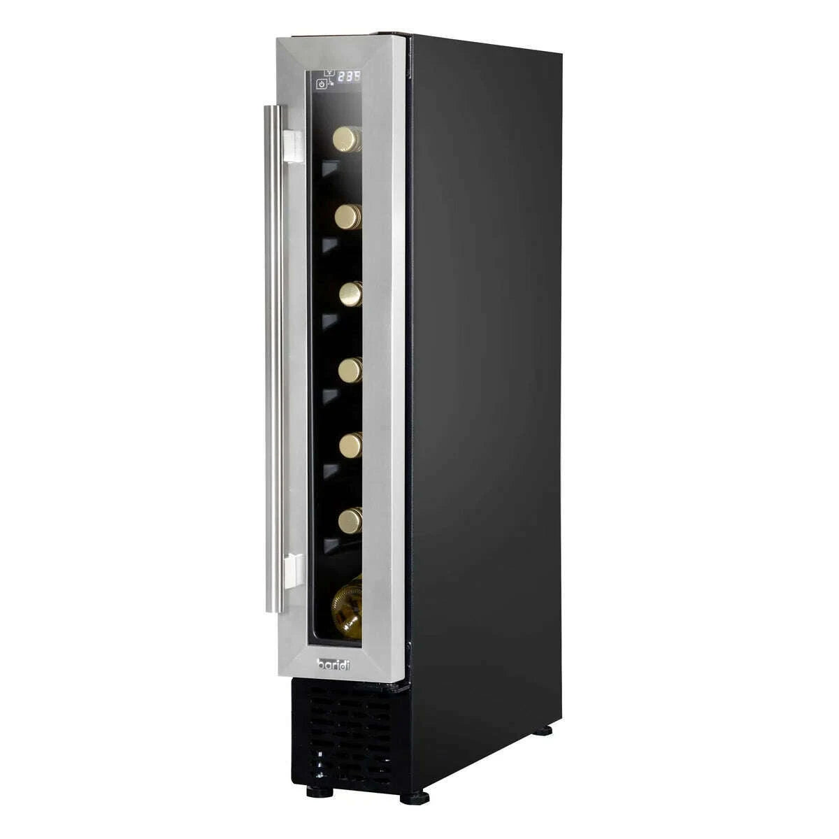 Slim stainless steel wine cooler with digital controls, fits 7 bottles, under-counter installation.