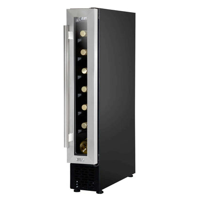 Slim stainless steel wine cooler with digital controls, fits 7 bottles, under-counter installation.
