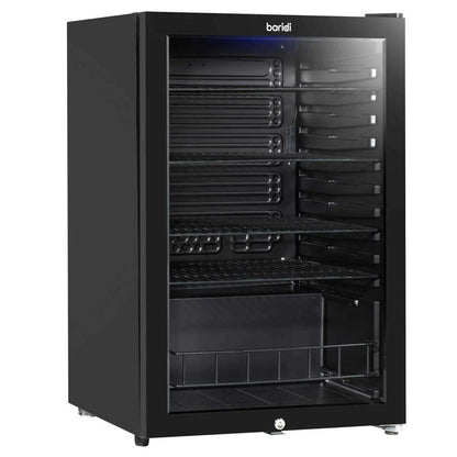 Sleek black 115L drinks fridge with LED light and black wire shelves, ideal for beverage storage.