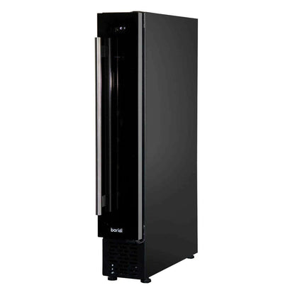 Sleek black 15cm wine cooler with digital controls, fits 7 bottles, under-counter design.