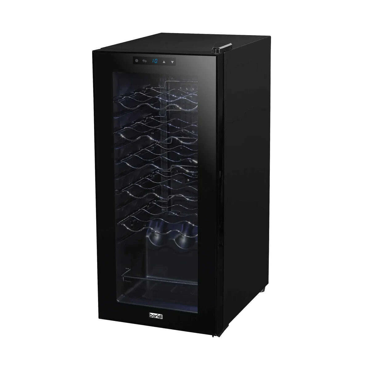 Baridi 18 Bottle Wine Cooler with touch controls, LED light, and sleek black tempered glass door.