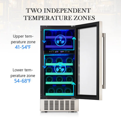 15'' 28 Bottle and 66 Can Freestanding/Built-In Dual Zone Wine Refrigerator & Beverage Cooler