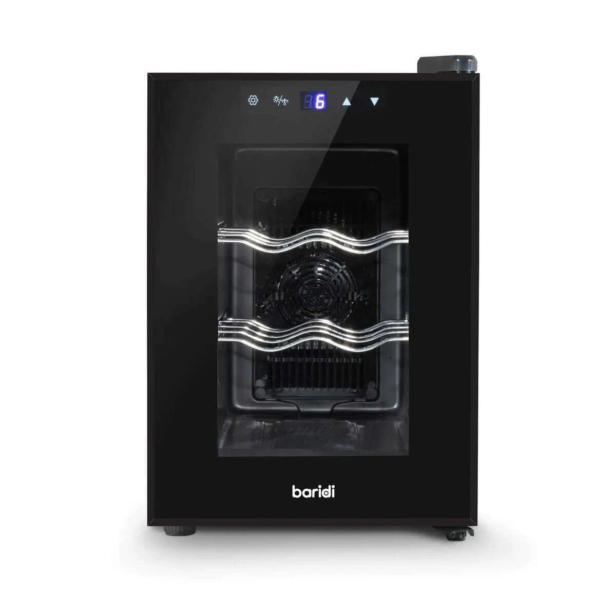 Compact Baridi wine cooler with glass door, touch controls, and six-bottle capacity.