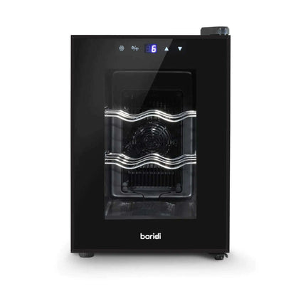 Compact Baridi wine cooler with glass door, touch controls, and six-bottle capacity.