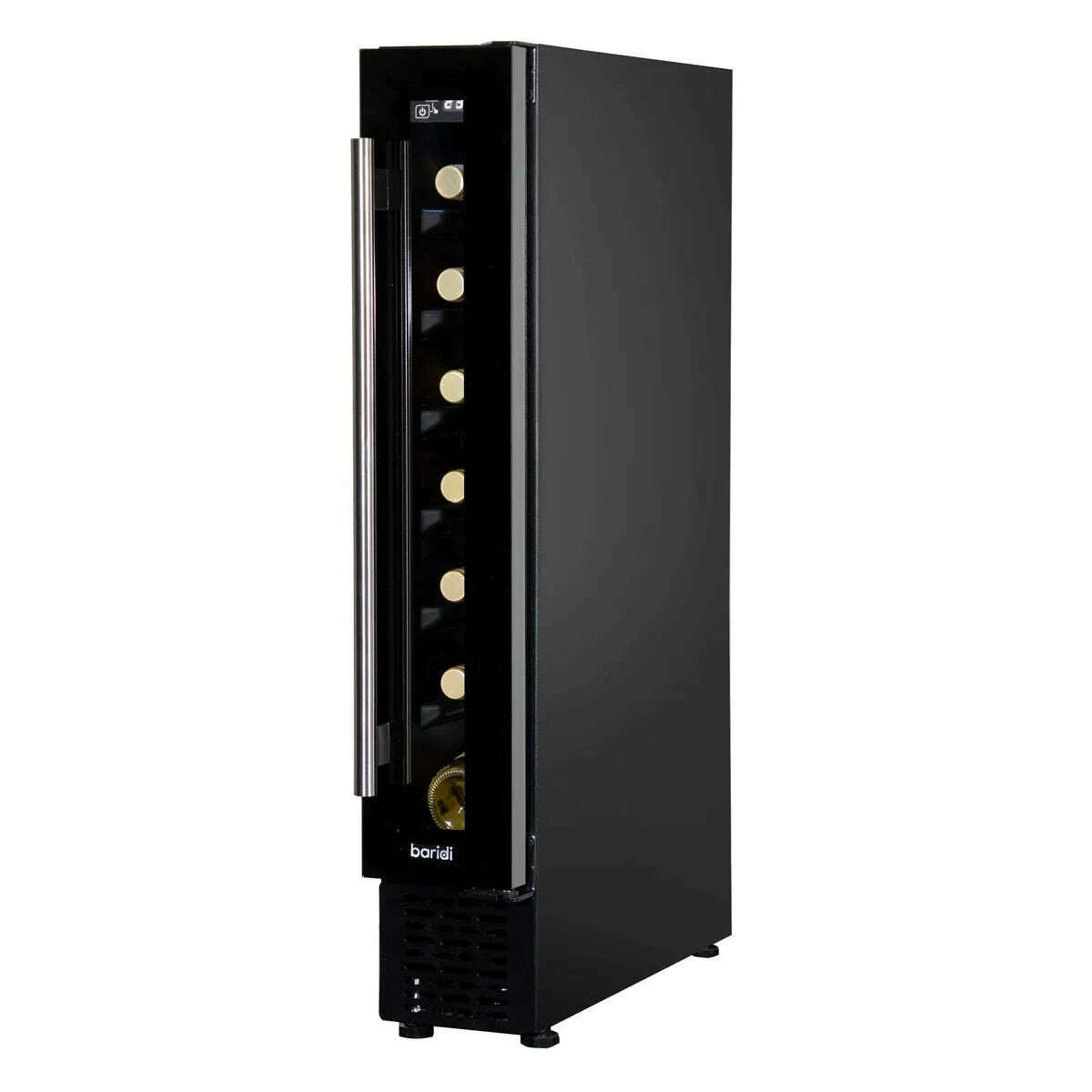 Slim black wine cooler with digital touch controls, fits 7 bottles, 15cm wide, sleek kitchen design.