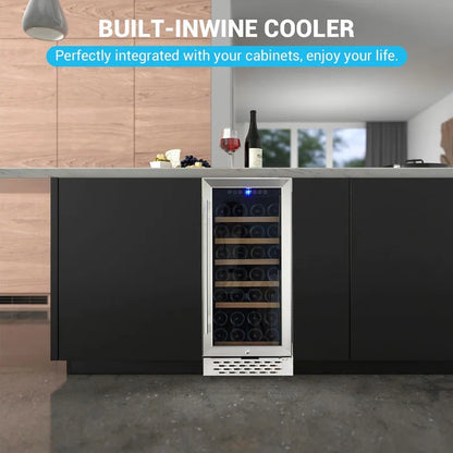 15" Wine Cooler - 28 Bottle Capacity, Built-in/Freestanding with Double Glass Door & Safety Lock