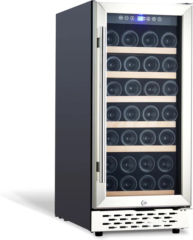 15" Wine Cooler - 28 Bottle Capacity, Built-in/Freestanding with Double Glass Door & Safety Lock