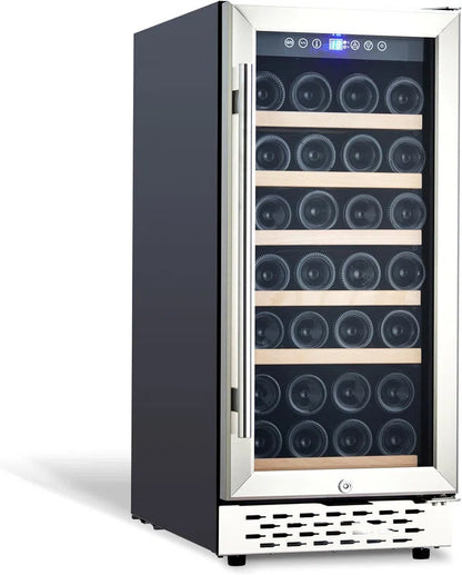 15" Wine Cooler - 28 Bottle Capacity, Built-in/Freestanding with Double Glass Door & Safety Lock