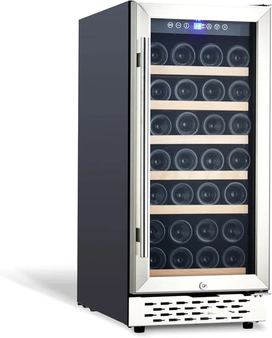 15" Wine Cooler - 28 Bottle Capacity, Built-in/Freestanding with Double Glass Door & Safety Lock