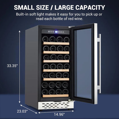 15" Wine Cooler - 28 Bottle Capacity, Built-in/Freestanding with Double Glass Door & Safety Lock