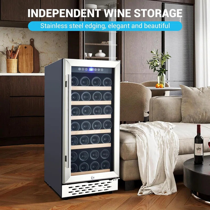 15" Wine Cooler - 28 Bottle Capacity, Built-in/Freestanding with Double Glass Door & Safety Lock