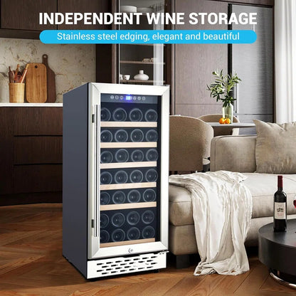 15" Wine Cooler - 28 Bottle Capacity, Built-in/Freestanding with Double Glass Door & Safety Lock