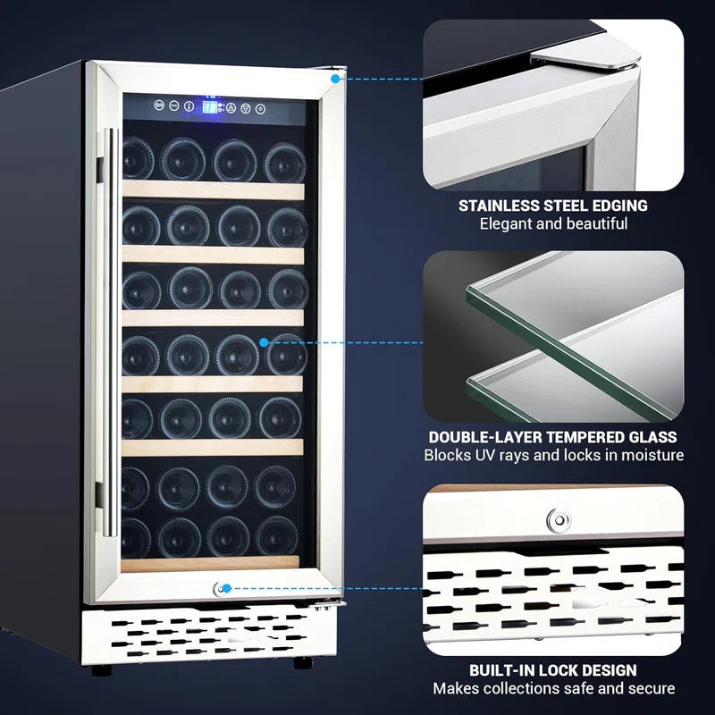 15" Wine Cooler - 28 Bottle Capacity, Built-in/Freestanding with Double Glass Door & Safety Lock