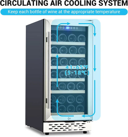 15" Wine Cooler - 28 Bottle Capacity, Built-in/Freestanding with Double Glass Door & Safety Lock