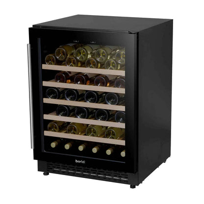 Sleek Baridi wine cooler with glass door, digital controls, fits 54 bottles, under-counter design.