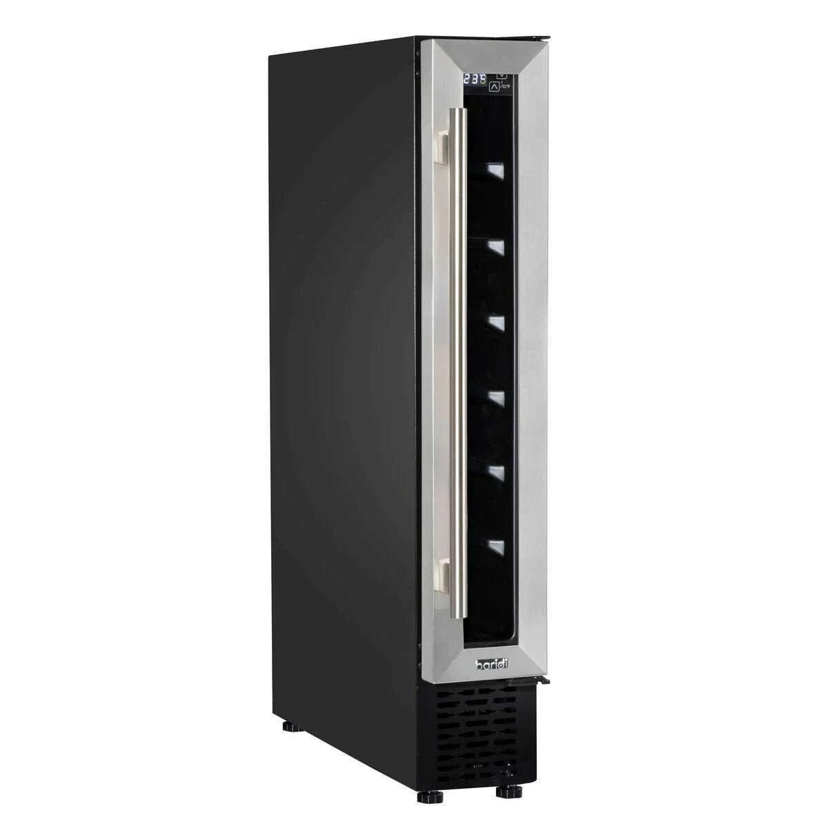 Slim stainless steel wine cooler with digital controls, fits 7 bottles, 15cm width, sleek design.