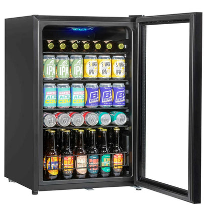 Sleek black 115L drinks fridge with LED light and efficient cooling, perfect for home or business use.