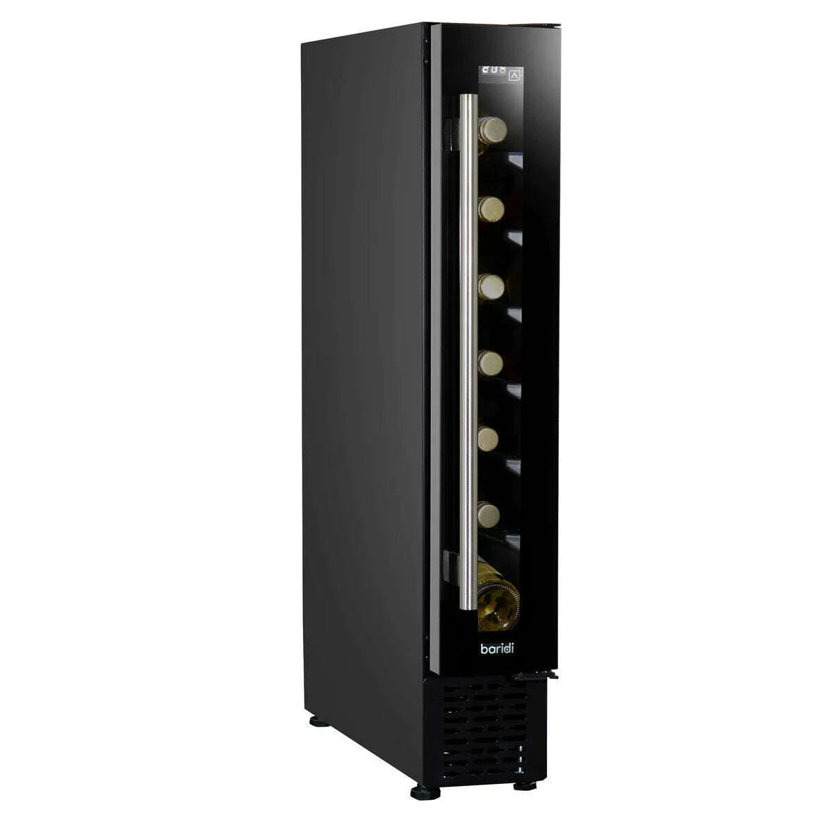 Slim black wine cooler with digital touch controls, holding up to 7 bottles, fits under counters.