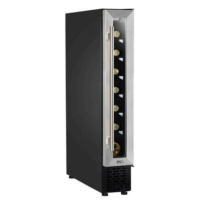 Slim Baridi wine cooler, stainless steel, digital controls, fits 7 bottles, under-counter design.