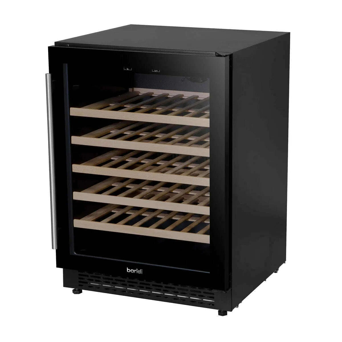 Sleek Baridi wine cooler with digital control, holds 54 bottles, glass door, stainless handle.