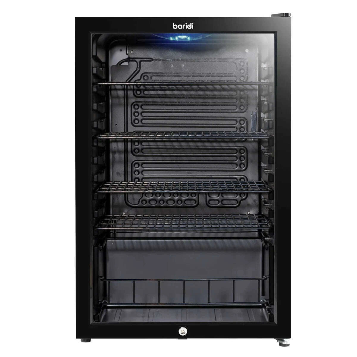 Sleek black 115L drinks fridge with LED lighting and efficient cooling, ideal for home or business.