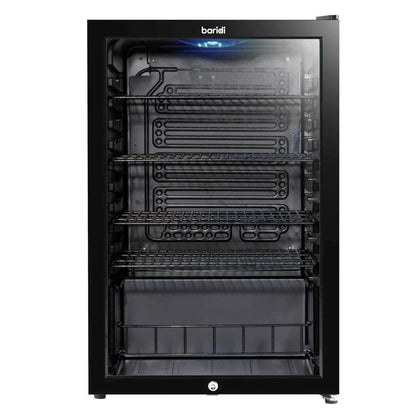 Sleek black 115L drinks fridge with LED lighting and efficient cooling, ideal for home or business.