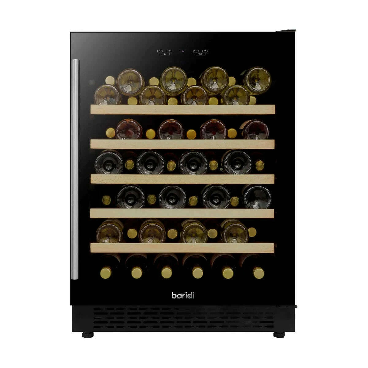 Sleek Baridi 54 Bottle Wine Cooler with digital controls and mirrored glass door in modern kitchen.