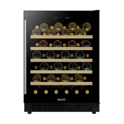 Sleek Baridi 54 Bottle Wine Cooler with digital controls and mirrored glass door in modern kitchen.