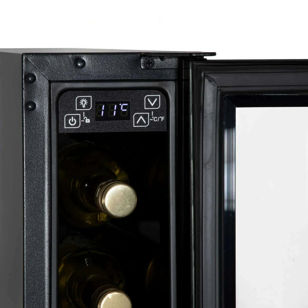 Slim black wine cooler with digital controls, fits 7 bottles, under-counter design, LED light.