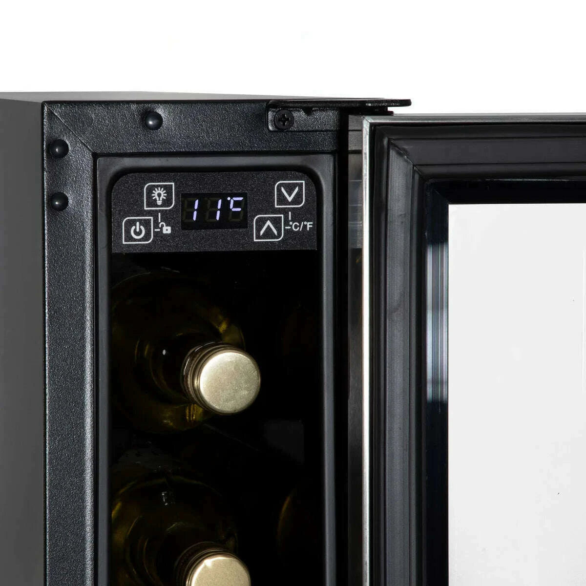 Slim Baridi wine cooler with digital controls, stainless steel finish, fits 7 bottles, 15cm wide.