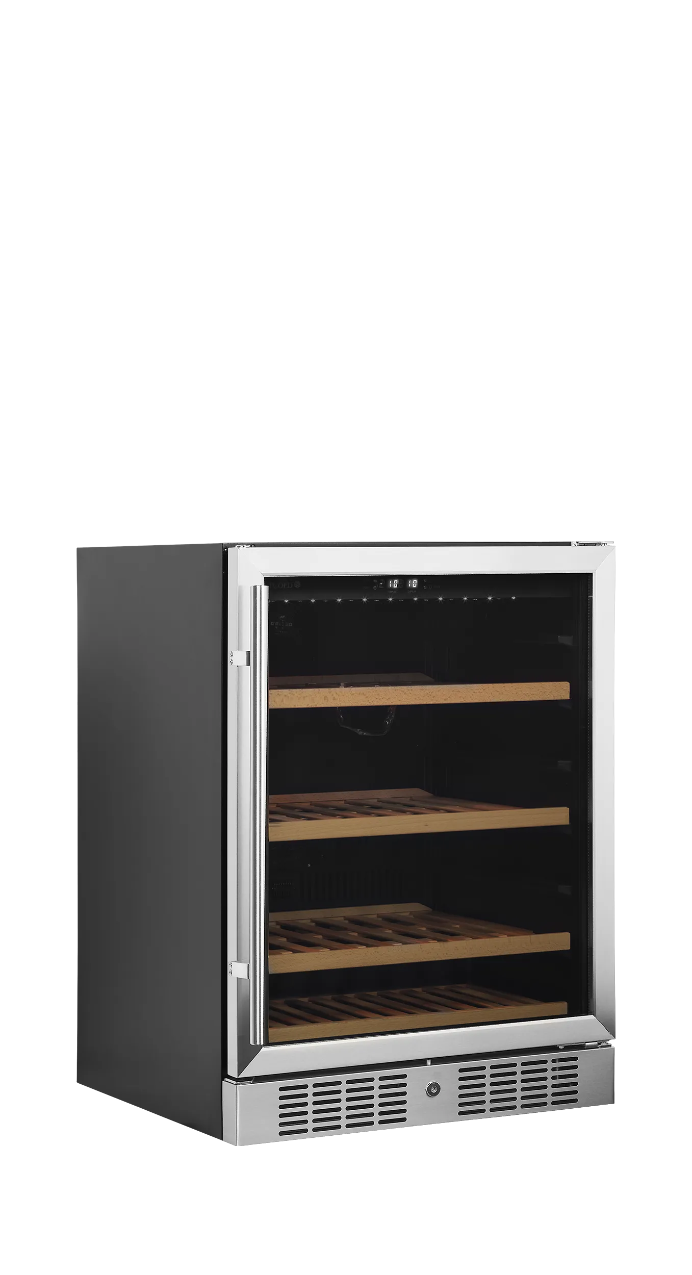 Black wine cooler with glass door, LED lighting, and wooden shelves for 48 bottles.