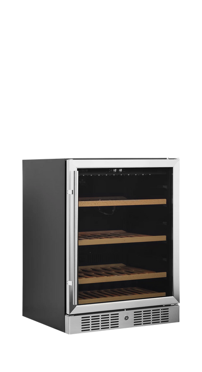 Black wine cooler with glass door, LED lighting, and wooden shelves for 48 bottles.