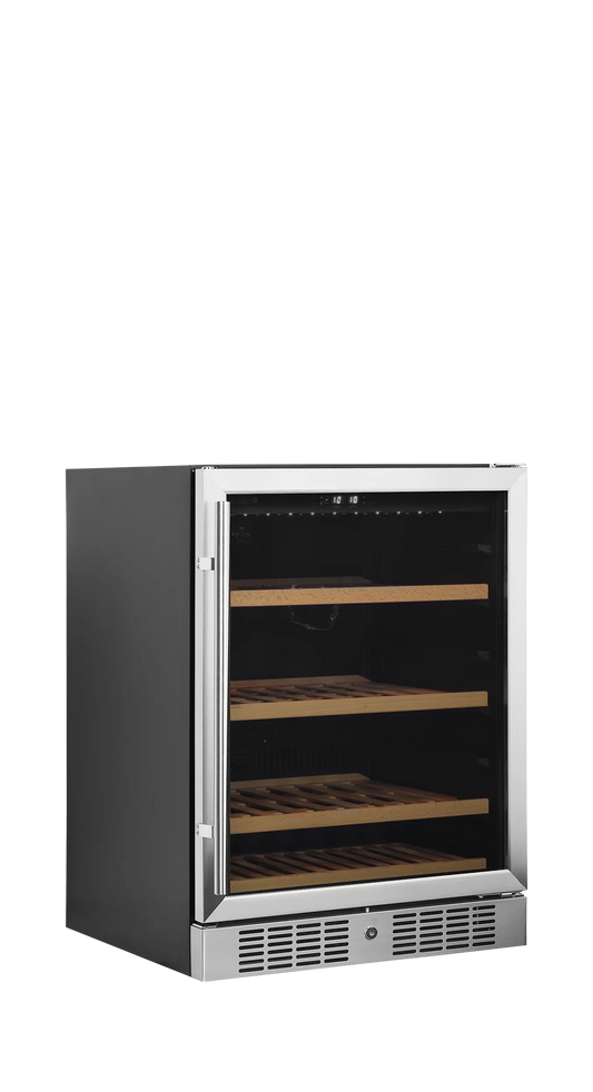 Black wine cooler with glass door, LED lighting, and wooden shelves for 48 bottles.