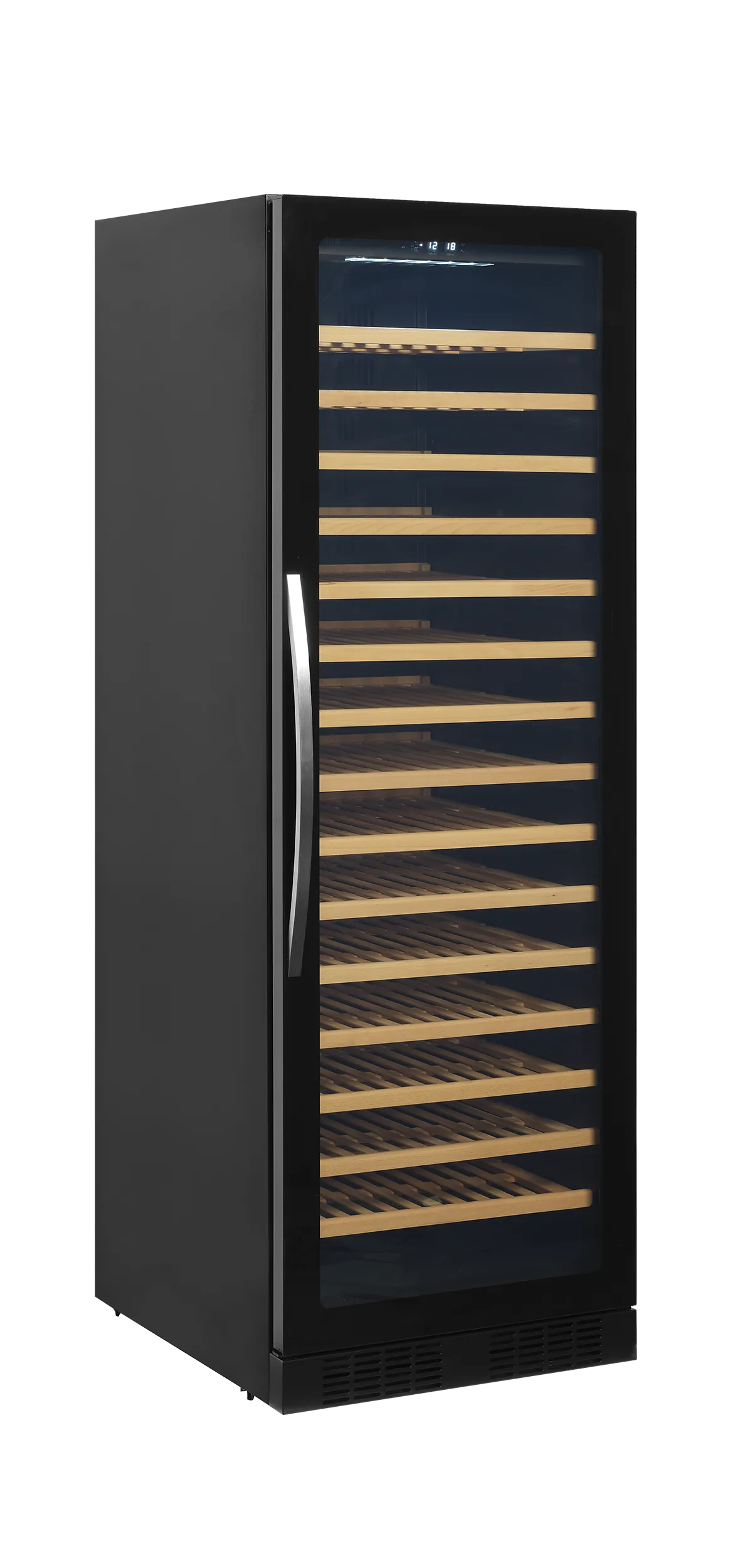Sleek wine cooler with frameless glass door, showcasing 15 wooden shelves for 165 bottles.