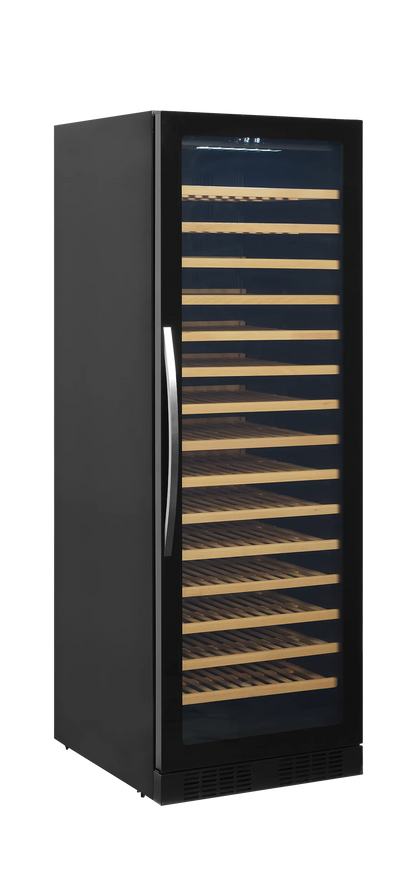 Sleek wine cooler with frameless glass door, showcasing 15 wooden shelves for 165 bottles.